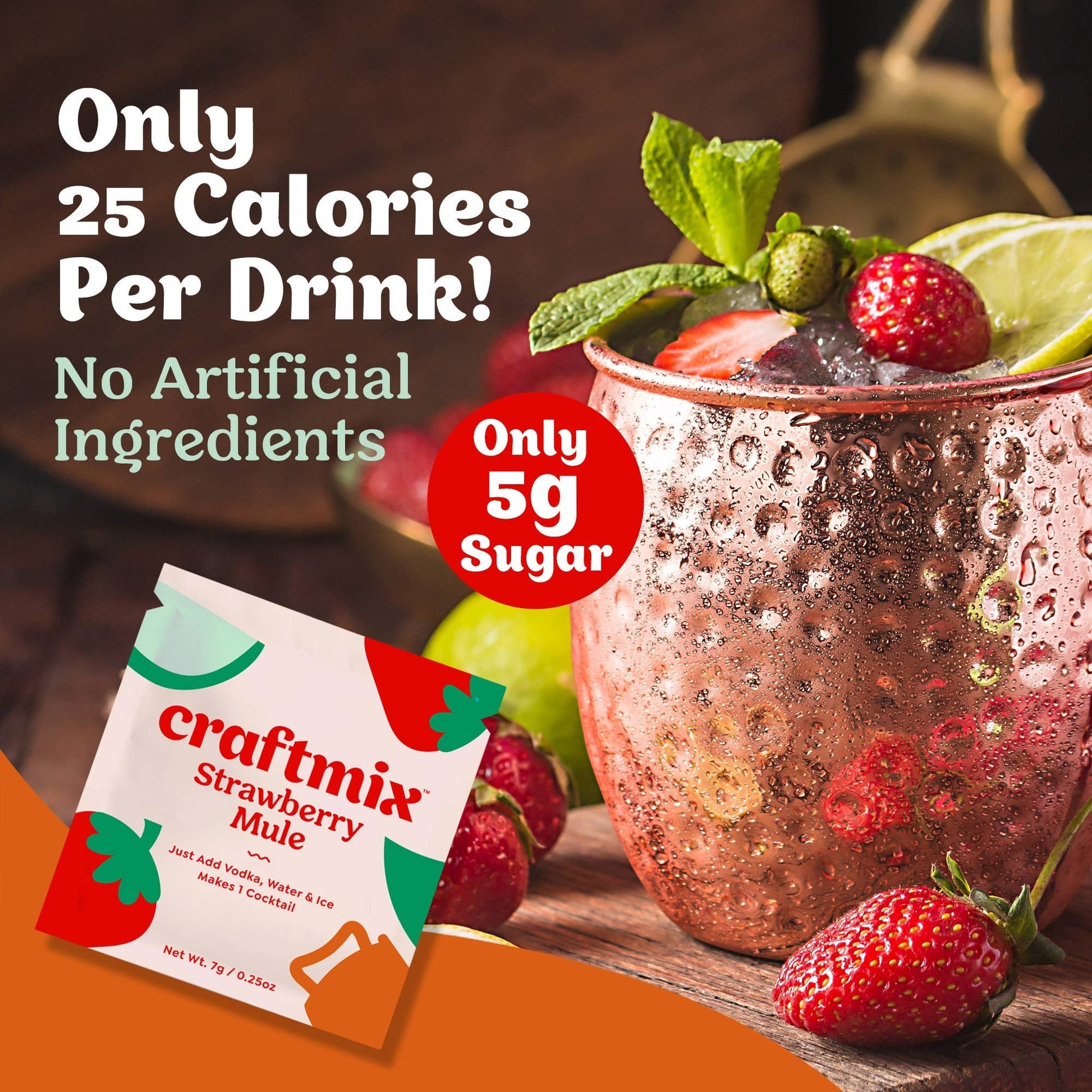 Doodlations Coffee Bar & Boutique Craftmix Strawberry Mule cocktail mixer packet with a Moscow Mule cocktail garnished with strawberries and mint.