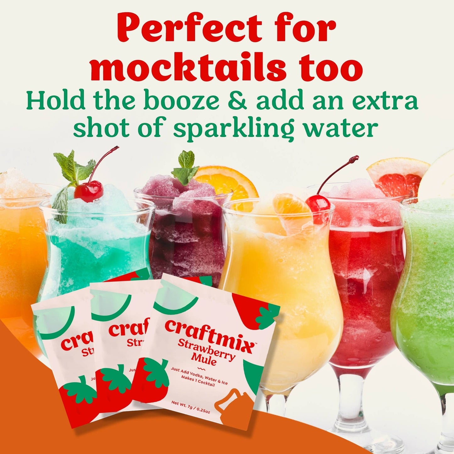 Doodlations Coffee Bar & Boutique Craftmix Strawberry Mule cocktail mixer packets with colorful frozen drinks.