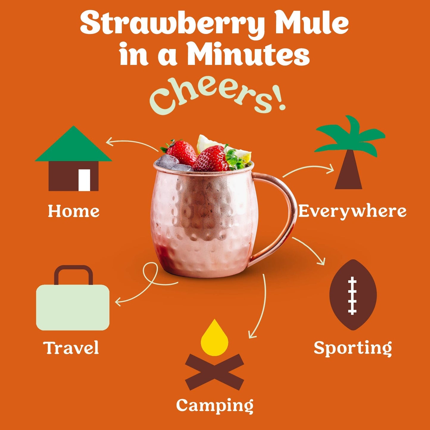 Doodlations Coffee Bar & Boutique Strawberry Mule cocktail mixer in a copper mug with strawberries and ice. Versatile for home, travel, camping, or sporting events.