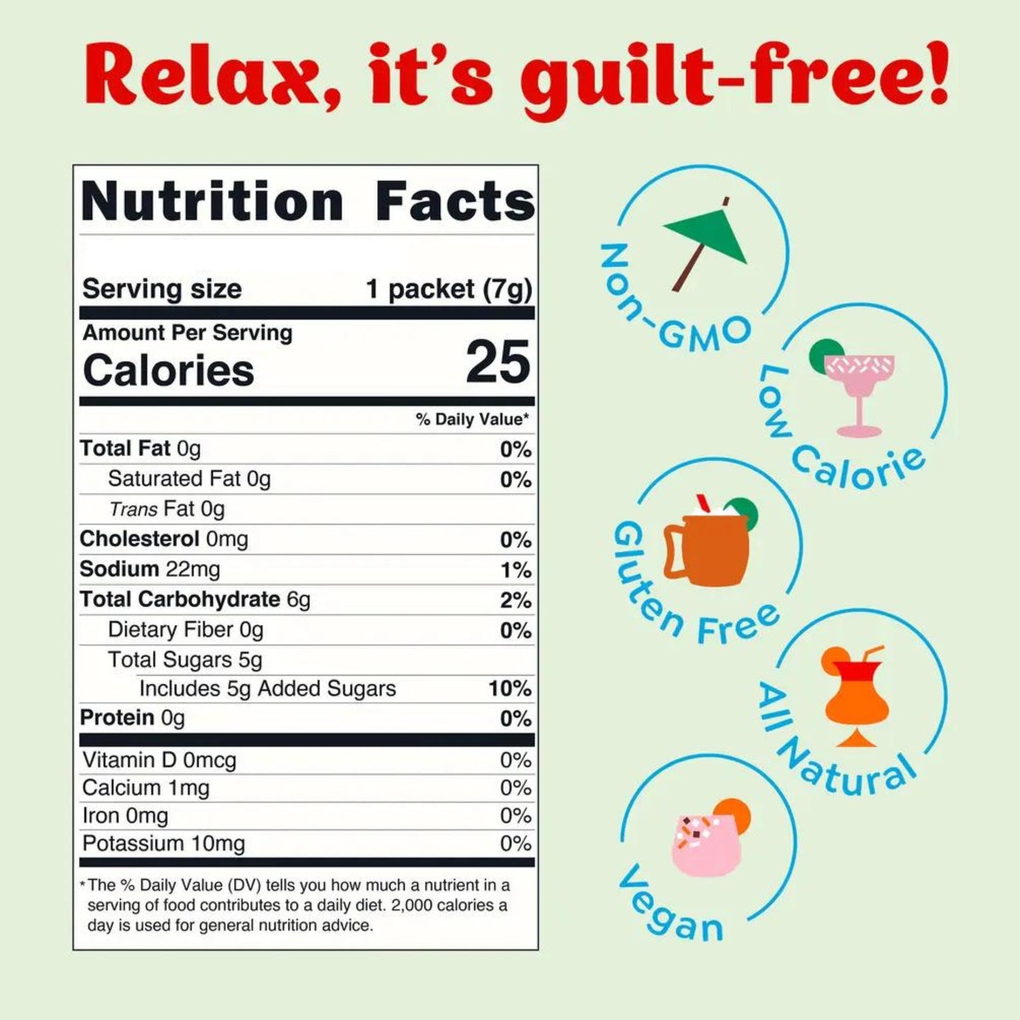 Doodlations Coffee Bar & Boutique Strawberry Mule Cocktail Mixer nutrition facts and icons for non-GMO, low calorie, gluten-free, all-natural, and vegan.