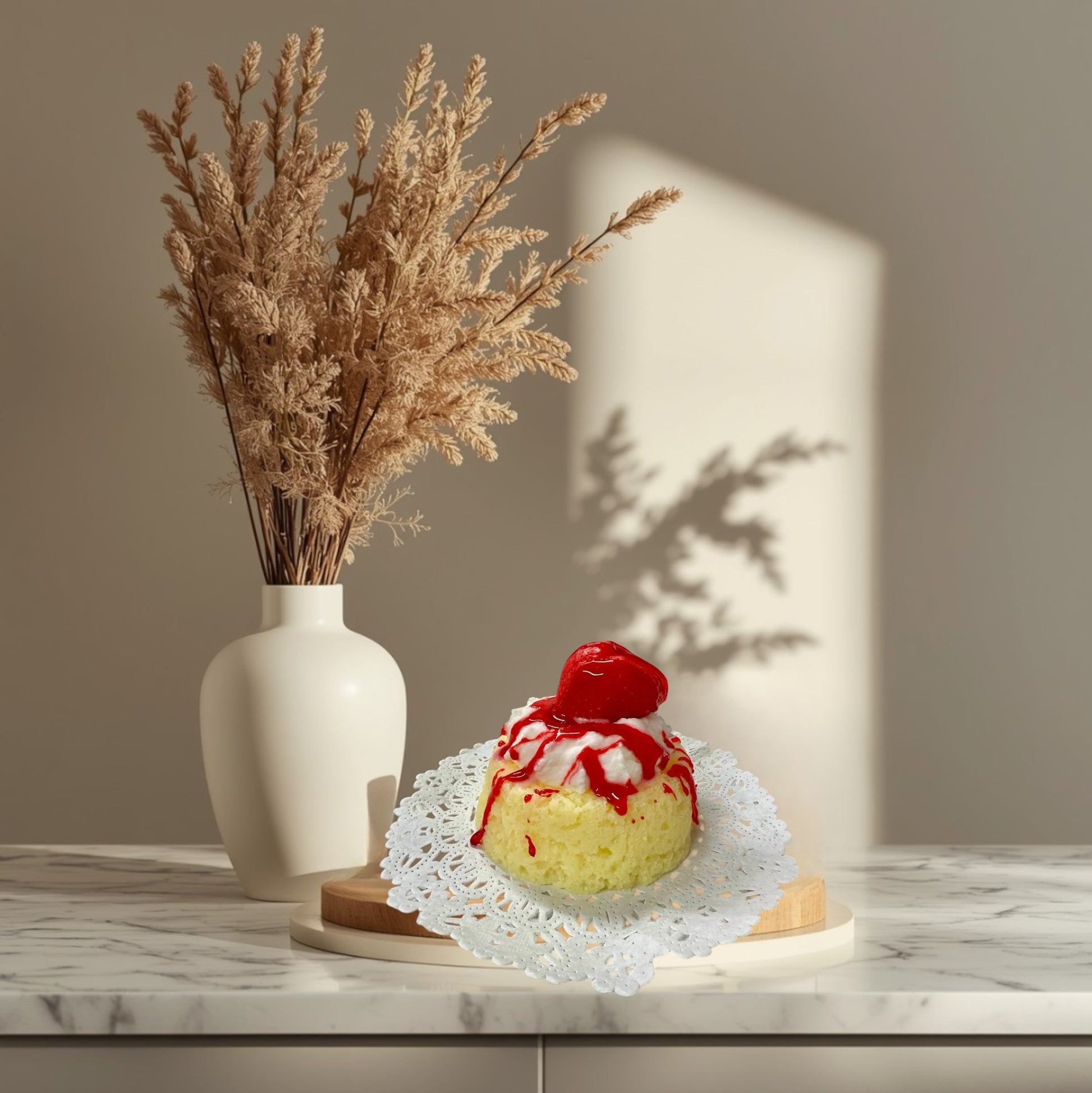 Doodlations Strawberry Shortcake luxury wax melt designed to look like a mini cake with whipped cream and strawberry drizzle.
