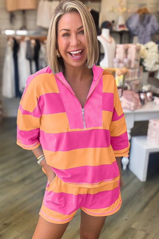 Doodlations Coffee Bar & Boutique pink and orange striped quarter zip pullover and shorts set. Relaxed fit, comfortable fabric, elastic waistband.