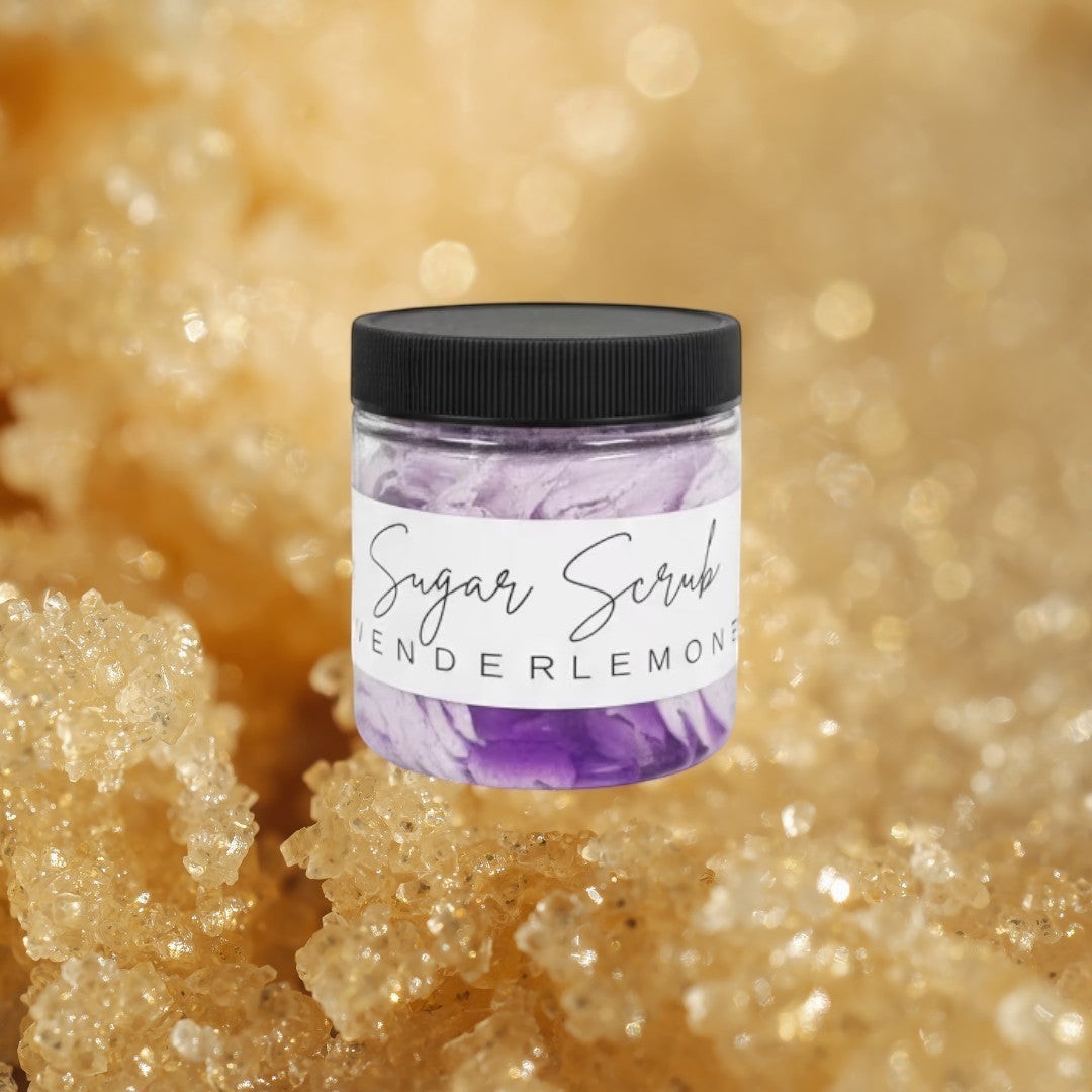 Doodlations Lavender & Lemon Sugar Scrub in a clear jar with a black lid, 4 oz. Purple and white scrub texture.