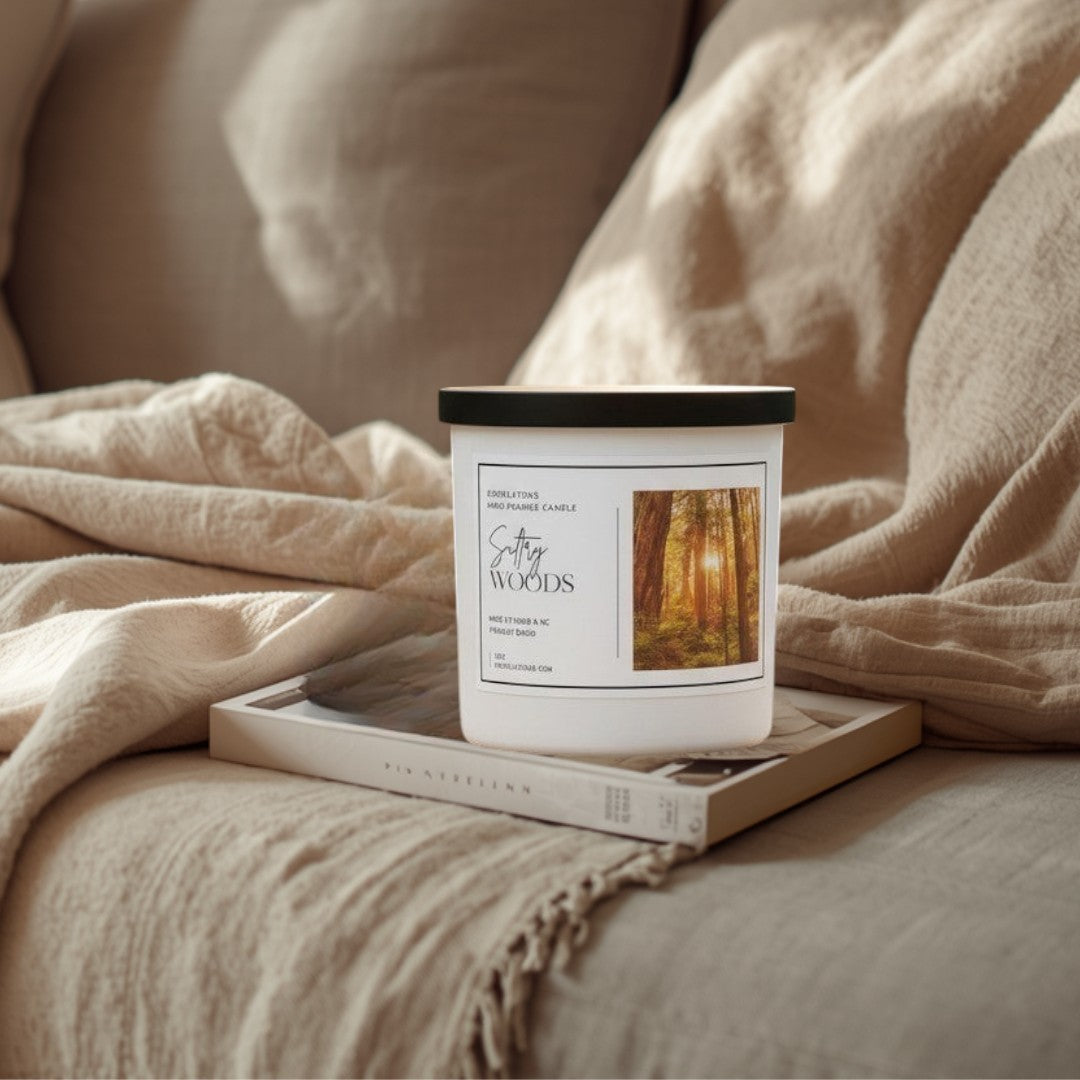 Doodlations Coffee Bar & Boutique Sultry Woods candle with amber, jasmine, and sandalwood notes, set outdoors.