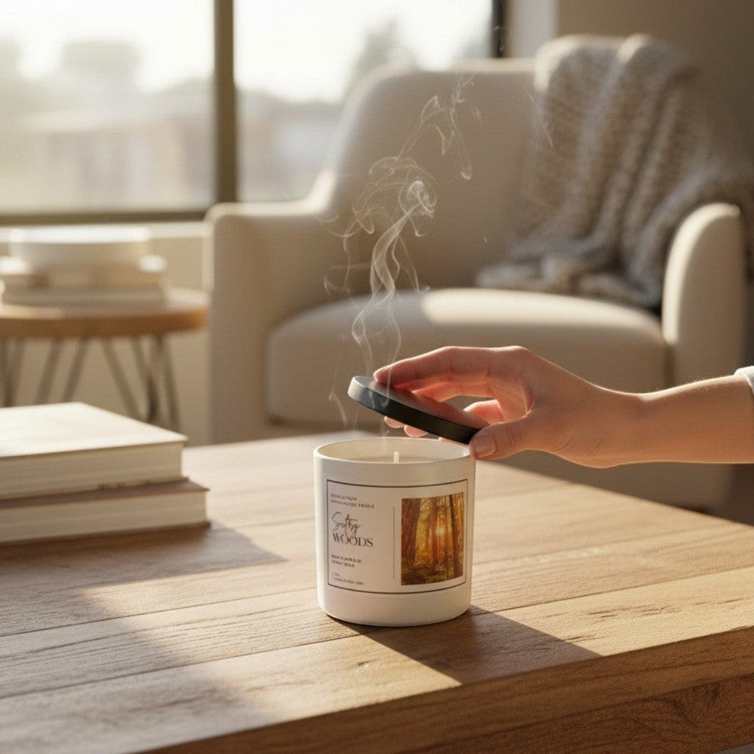 Doodlations Coffee Bar & Boutique Sultry Woods candle with smoke rising, lid held by hand.