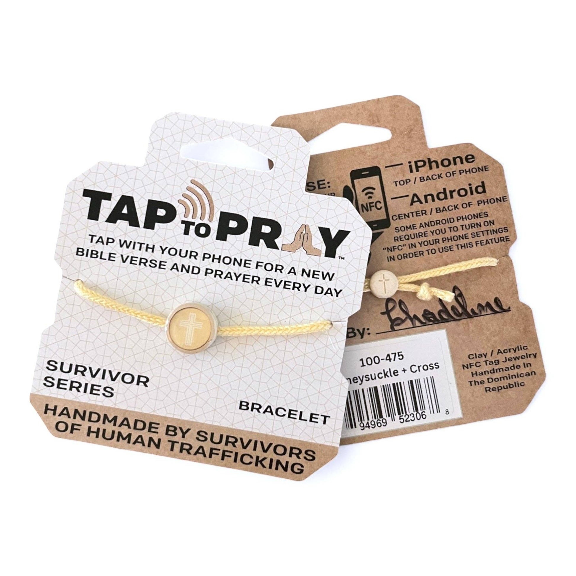 Doodlations Coffee Bar & Boutique Survivor Series bracelet with yellow cord and gold cross charm. NFC enabled for daily prayers.