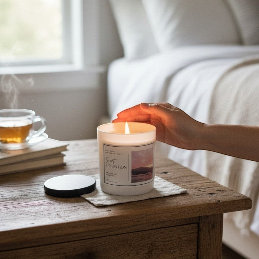 Doodlations Sweet Temptation hand-poured soy candle in a white container with a black lid. Scent notes include pineapple, goji berry, and mango.