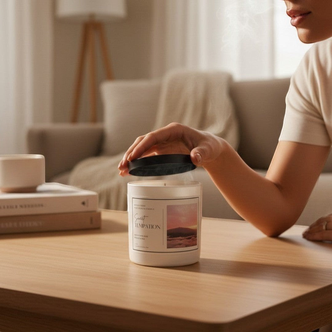 Doodlations Sweet Temptation hand-poured candle in a white jar with a black lid, featuring a tropical fruit scent.