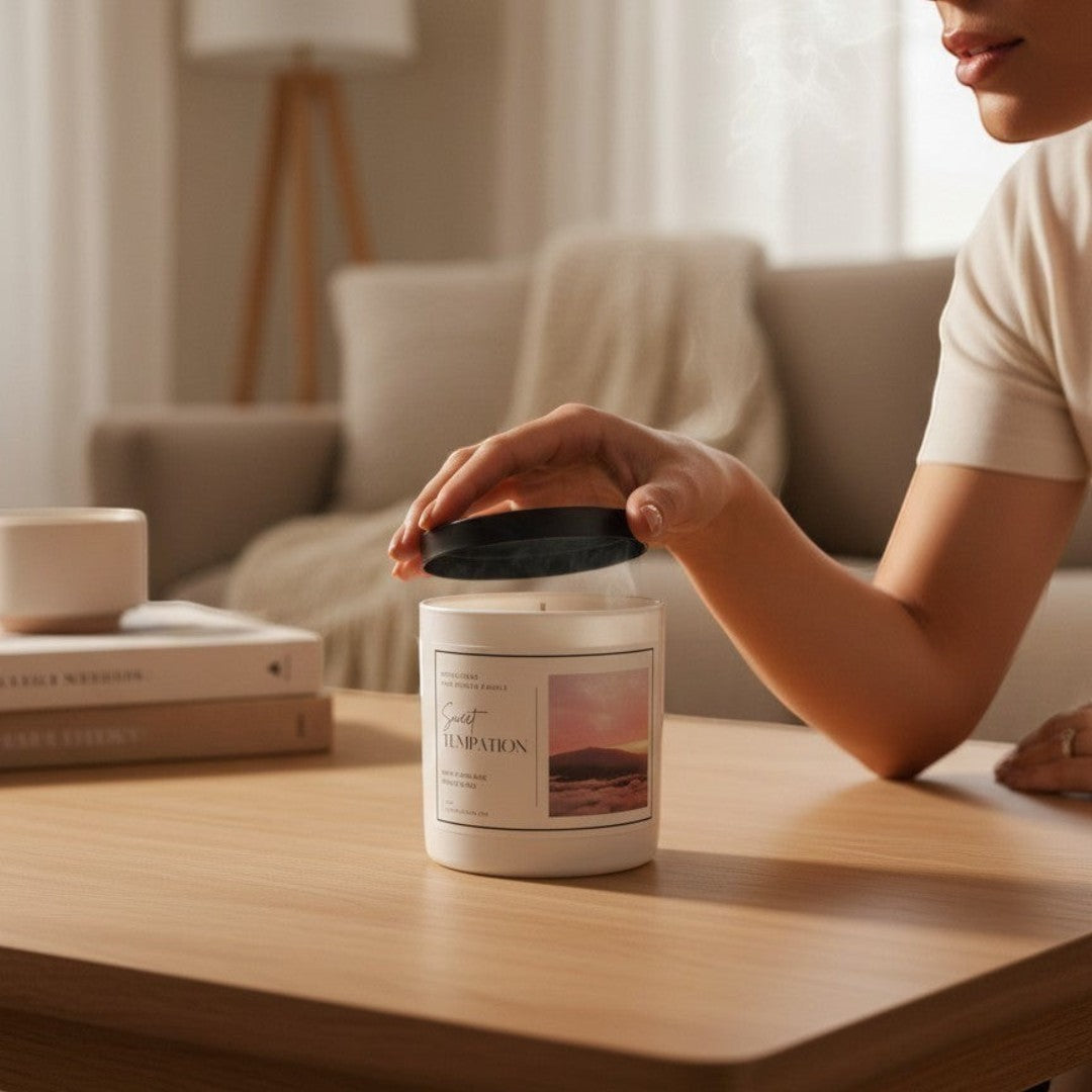 Doodlations Sweet Temptation hand-poured candle in a white jar with a black lid, featuring a tropical fruit scent.