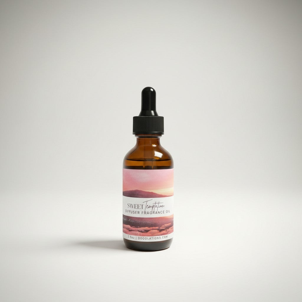 Doodlations Coffee Bar & Boutique Sweet Temptation diffuser fragrance oil in amber glass bottle with dropper.
