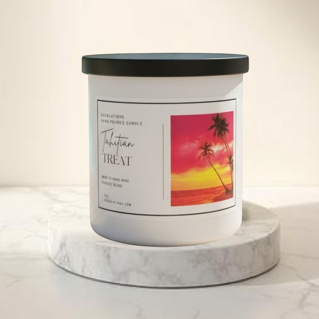 Doodlations Tahitian Treat hand-poured soy blend candle with a tropical sunset label.
