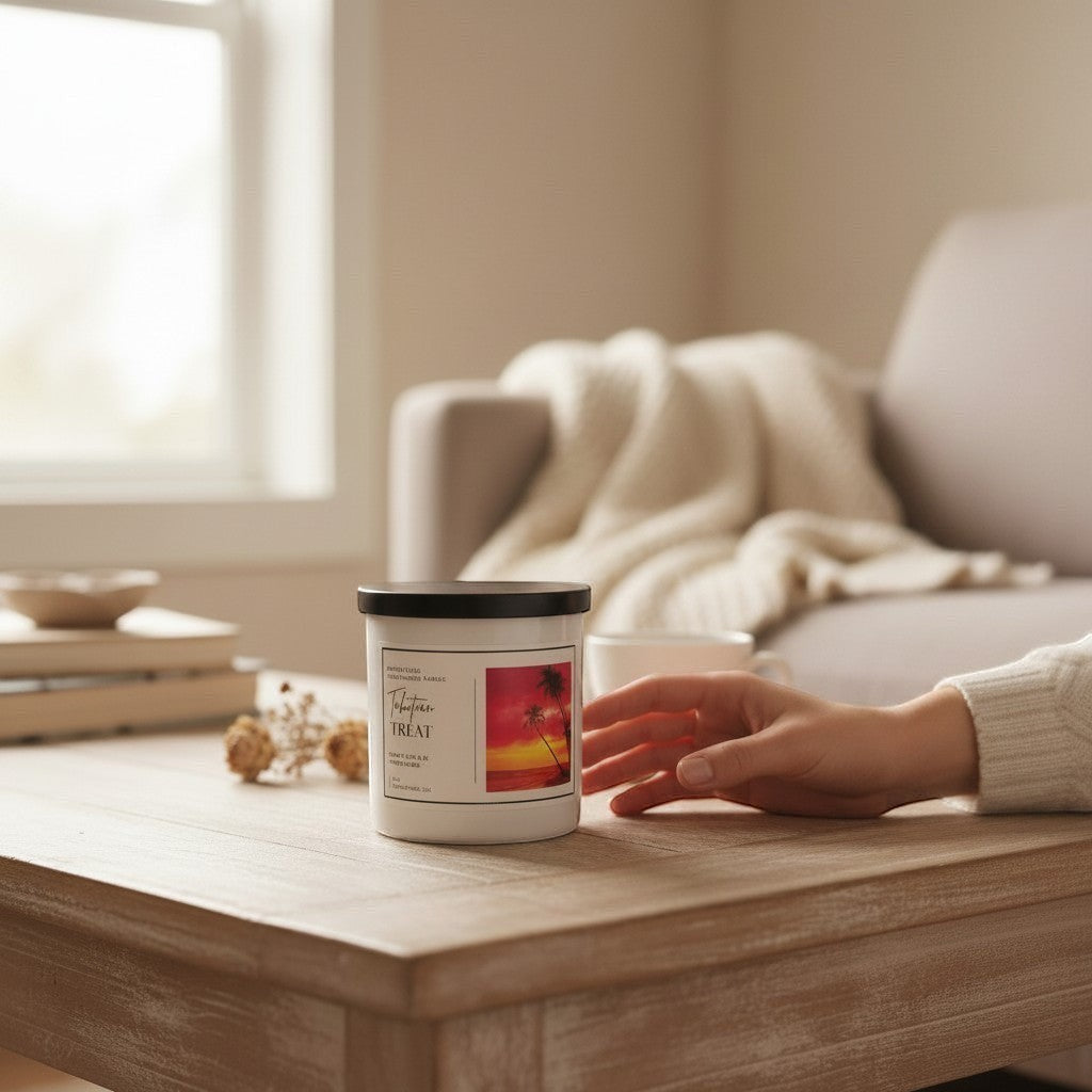 Doodlations Coffee Bar & Boutique Tahitian Treat candle with tropical sunset label, emitting smoke, on a wooden table.