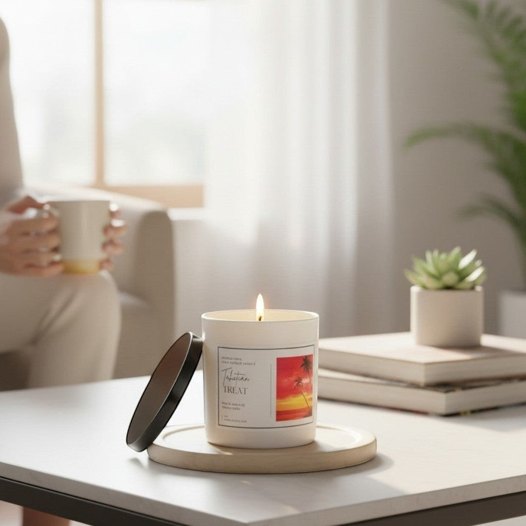 Doodlations Tahitian Treat hand-poured candle in a white tin with a black lid, featuring a tropical sunset label.