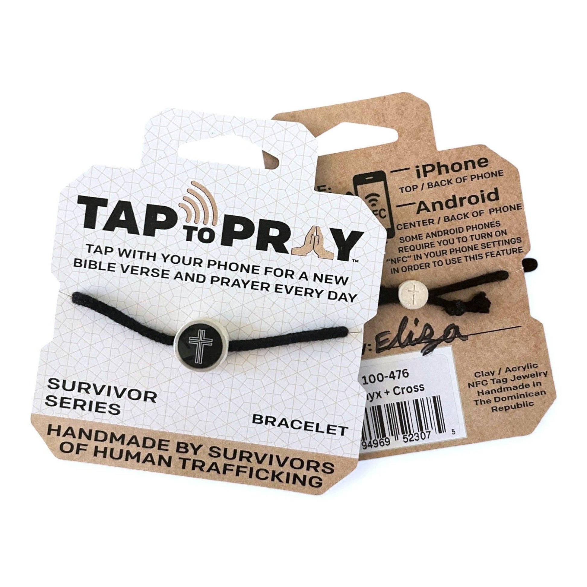Doodlations Coffee Bar & Boutique Tap To Pray Survivor Series bracelet with black cord and silver cross charm, NFC enabled.