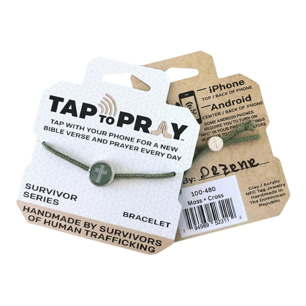 Doodlations Coffee Bar & Boutique Tap To Pray Survivor Series moss green bracelet with a cross charm and NFC chip. Handmade by survivors.