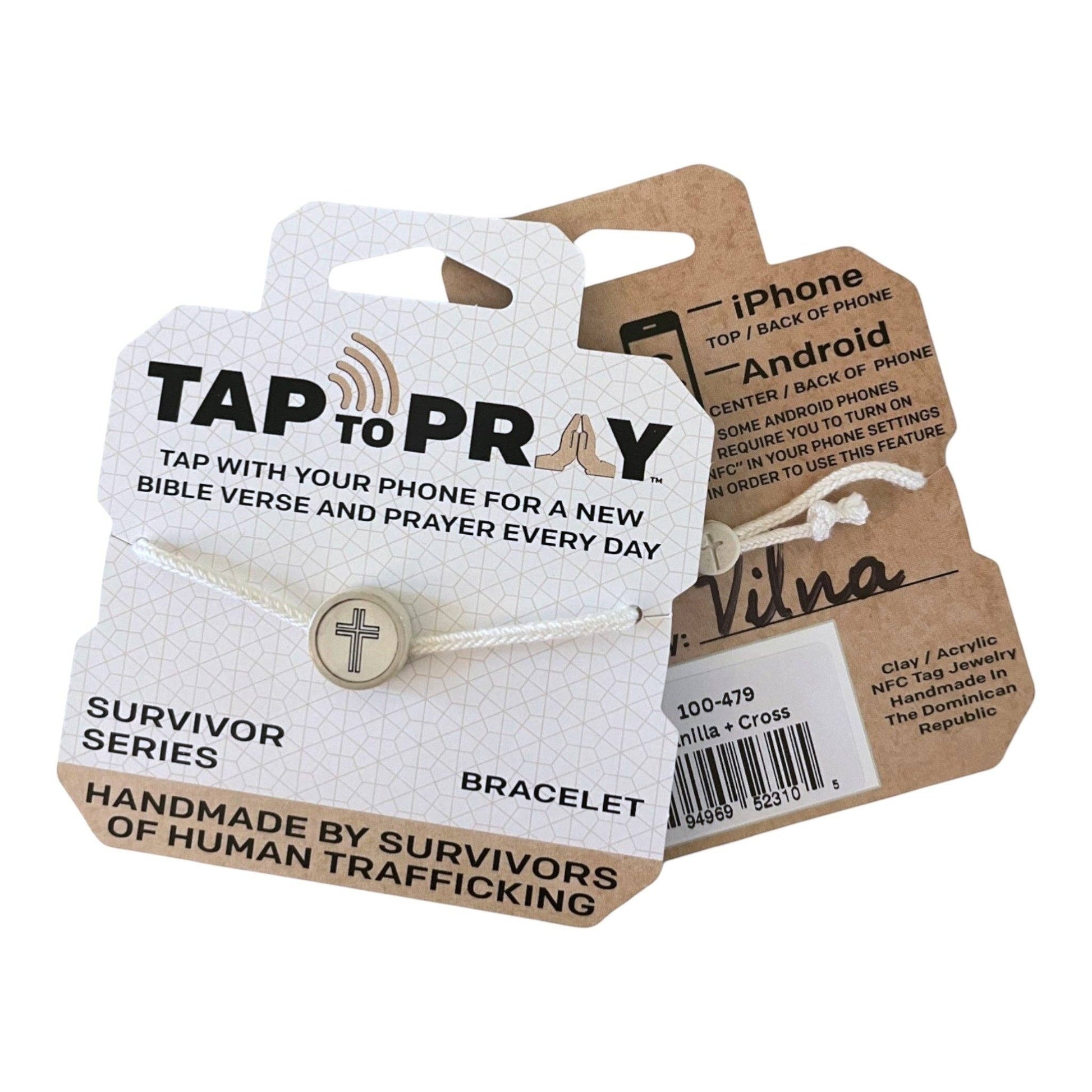 Doodlations Coffee Bar & Boutique Tap To Pray Survivor Series bracelet with moss green cord and silver cross charm. NFC enabled for daily Bible verses and prayers.