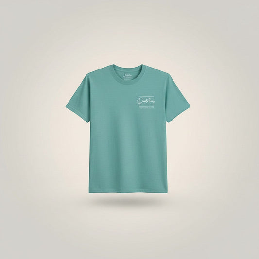 Doodlations Coffee Bar & Boutique teal graphic tee with minimalist logo on chest. Soft, breathable cotton for everyday wear.