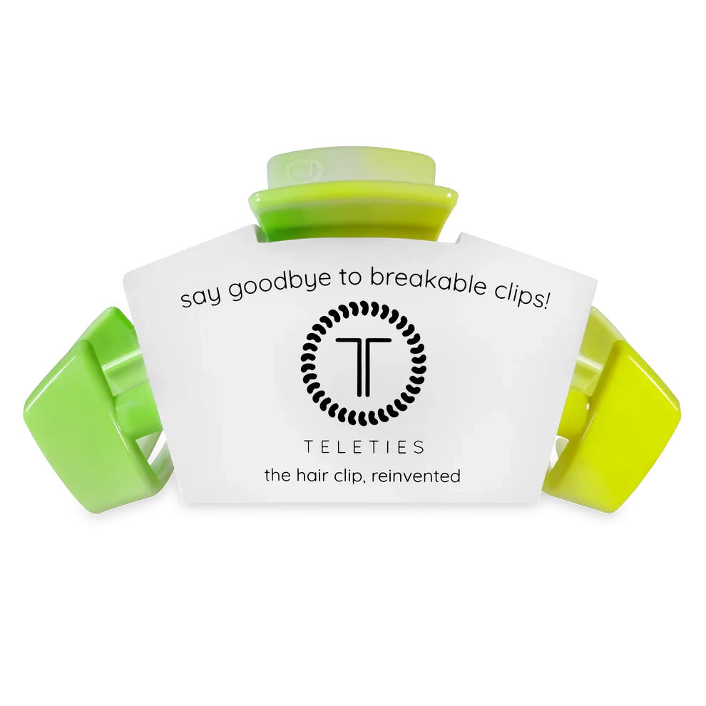 Doodlations Coffee Bar & Boutique Teleties Classic Glow For It claw clip in gradient lime green, designed for secure hold.
