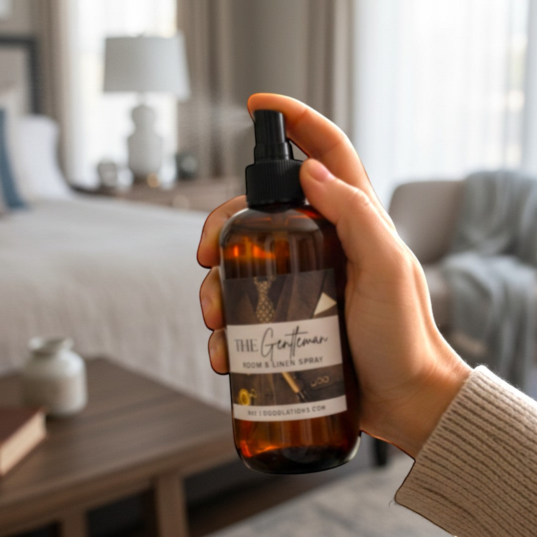 Doodlations Coffee Bar & Boutique The Gentleman room and linen spray in amber bottle with a masculine scent profile.