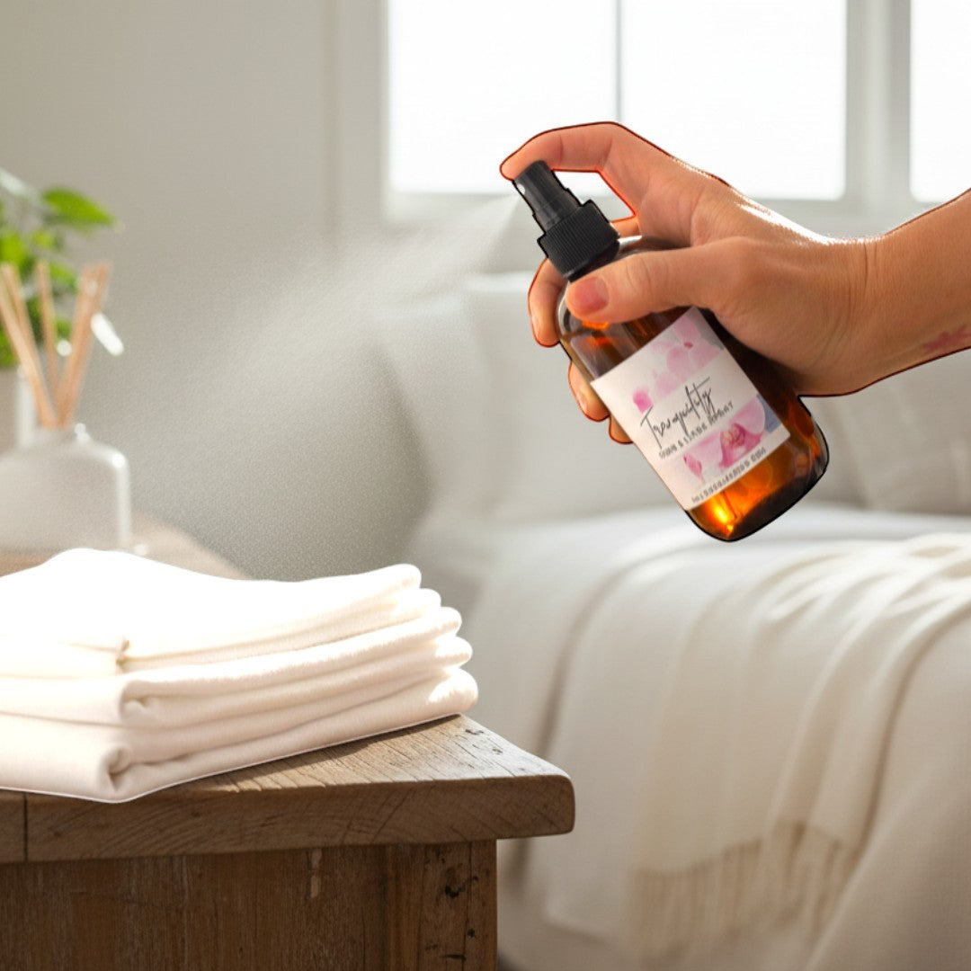 Doodlations Coffee Bar & Boutique Tranquility Room & Linen Spray with lemongrass, clove, lavender, and musk scent.