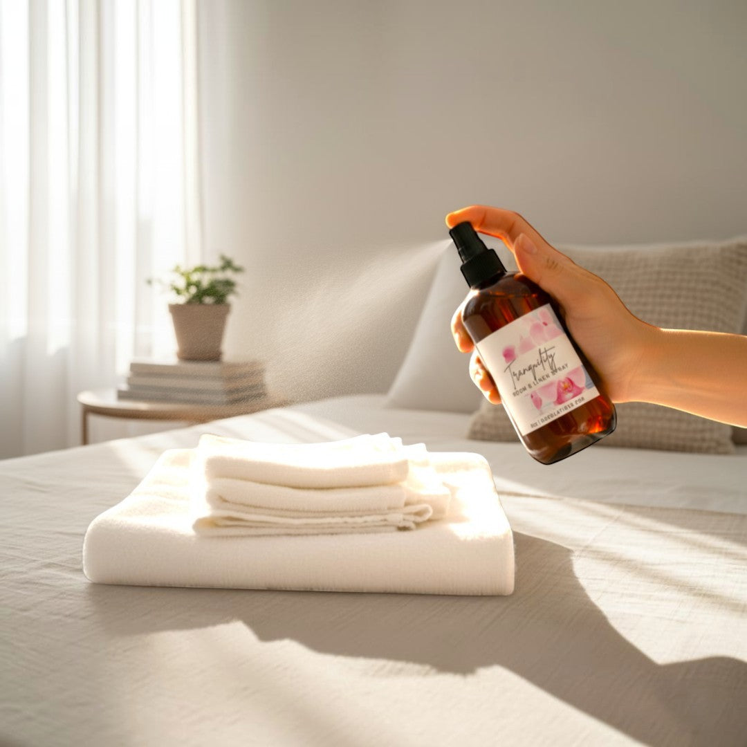 Doodlations Coffee Bar & Boutique Tranquility Room & Linen Spray with lemongrass, clove, lavender, and musk scents.