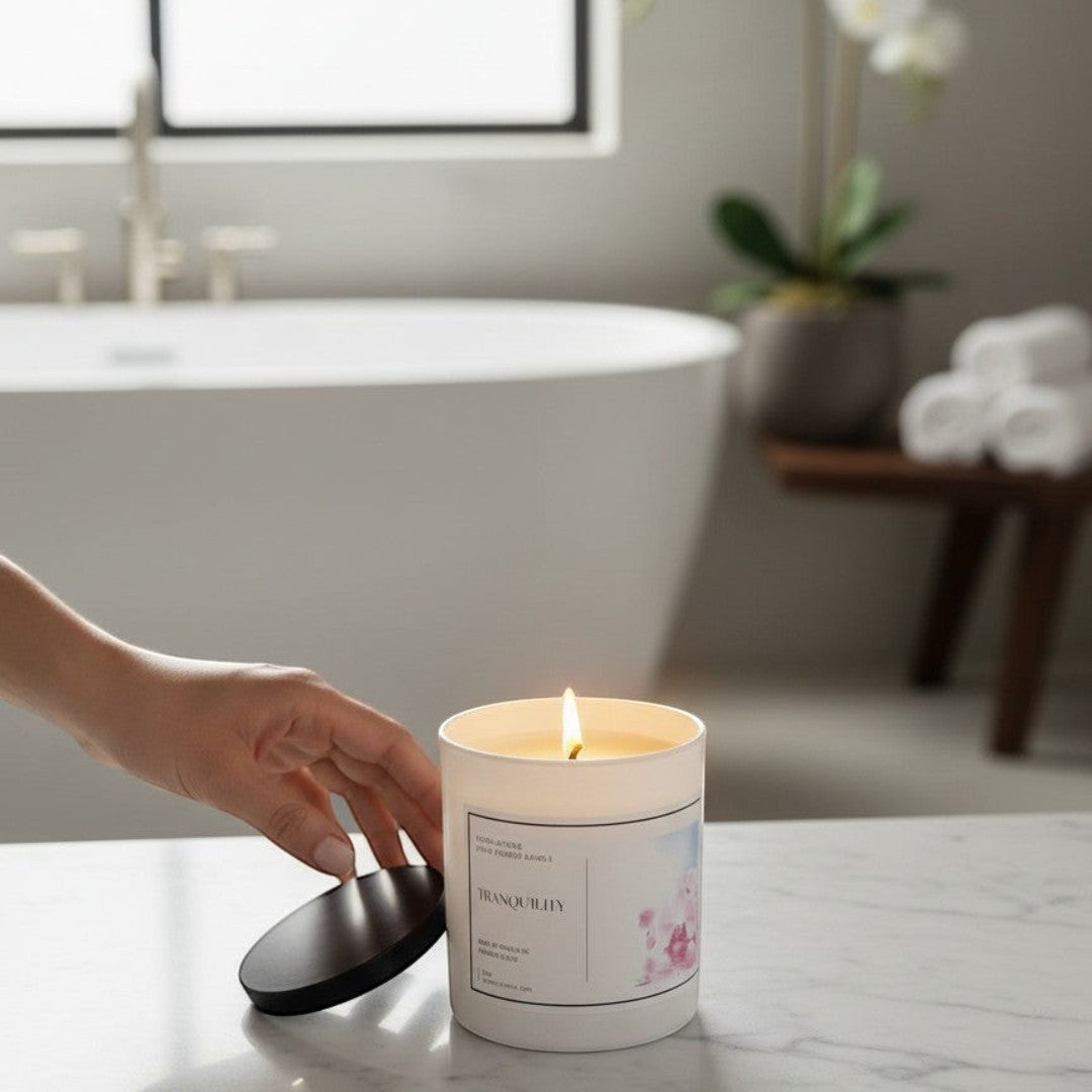 Doodlations Tranquility hand-poured soy candle in white tin with floral design. Lemongrass, clove, lavender, musk scent.
