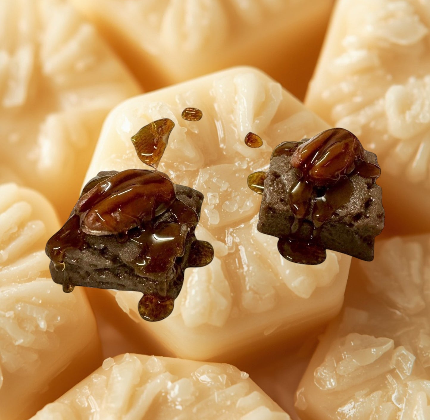 Doodlations Coffee Bar & Boutique Turtle Brownie Bite Wax Melts with caramel drizzle and pecans.