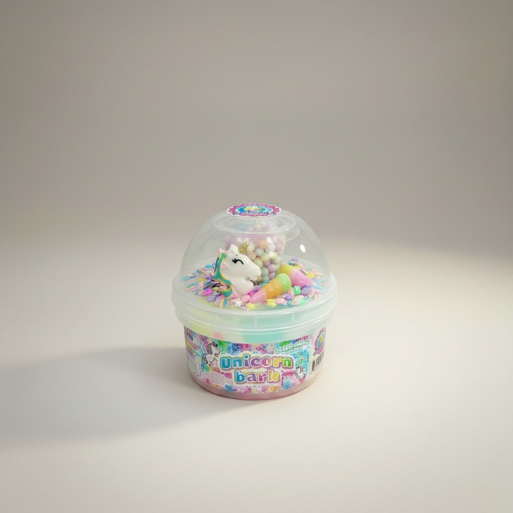 Doodlations Unicorn Bark slime in a clear container with pastel pink, blue, and lavender swirls, topped with a unicorn charm, sprinkles, and floam beads.