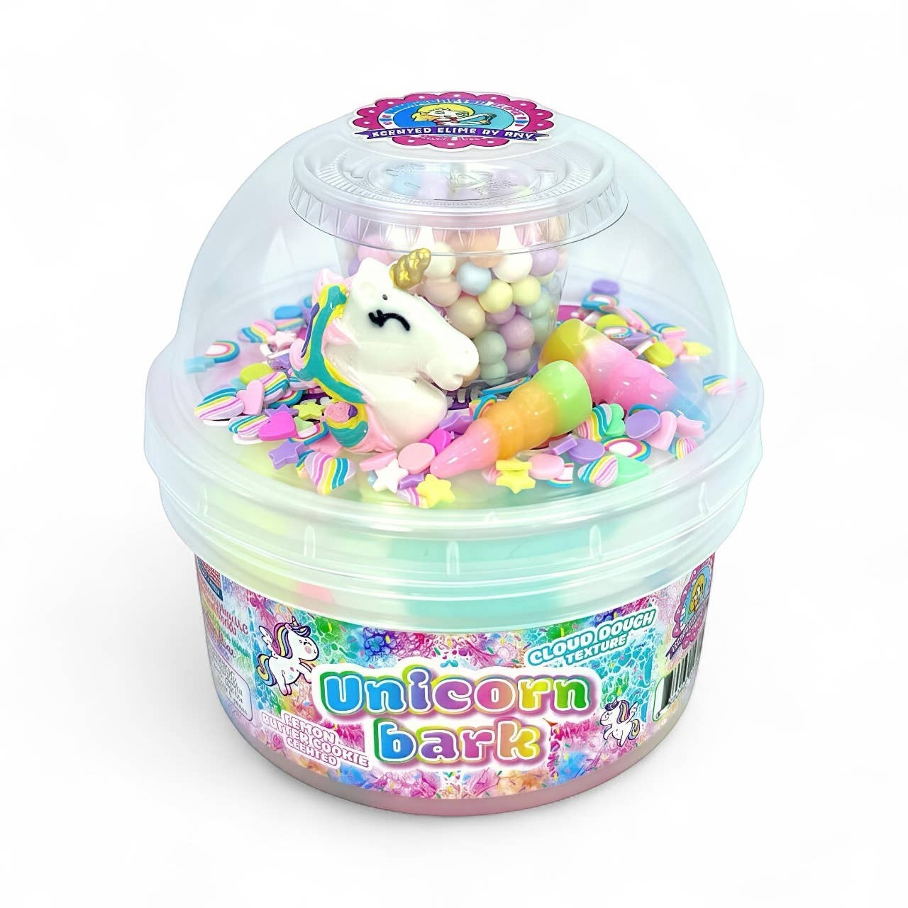 Doodlations Coffee Bar & Boutique Unicorn Bark Cloud Dough Texture Slime with unicorn charm, candy corn, and sprinkles.