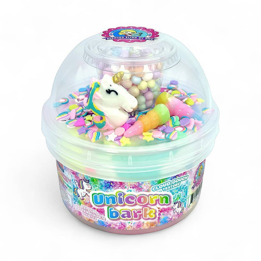 Doodlations Coffee Bar & Boutique Unicorn Bark Cloud Dough Texture Slime with unicorn charm, candy corn, and sprinkles.