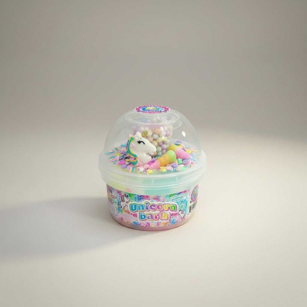 Doodlations Coffee Bar & Boutique Unicorn Bark slime with pastel pink, blue, and lavender swirls, unicorn charm, candy, and sprinkles.