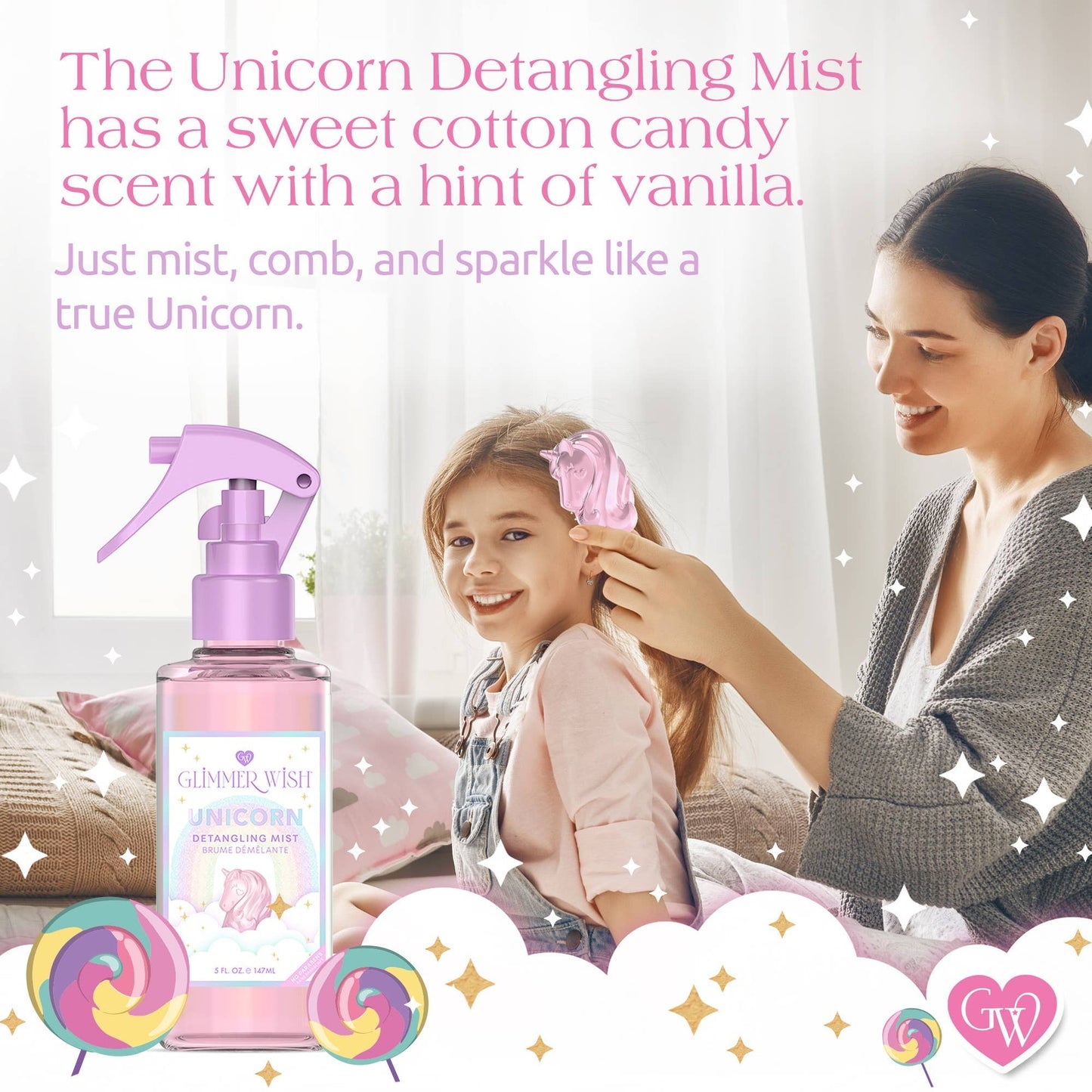 Doodlations Coffee Bar & Boutique Unicorn Detangling Mist with cotton candy scent, made with coconut and macadamia seed oil.