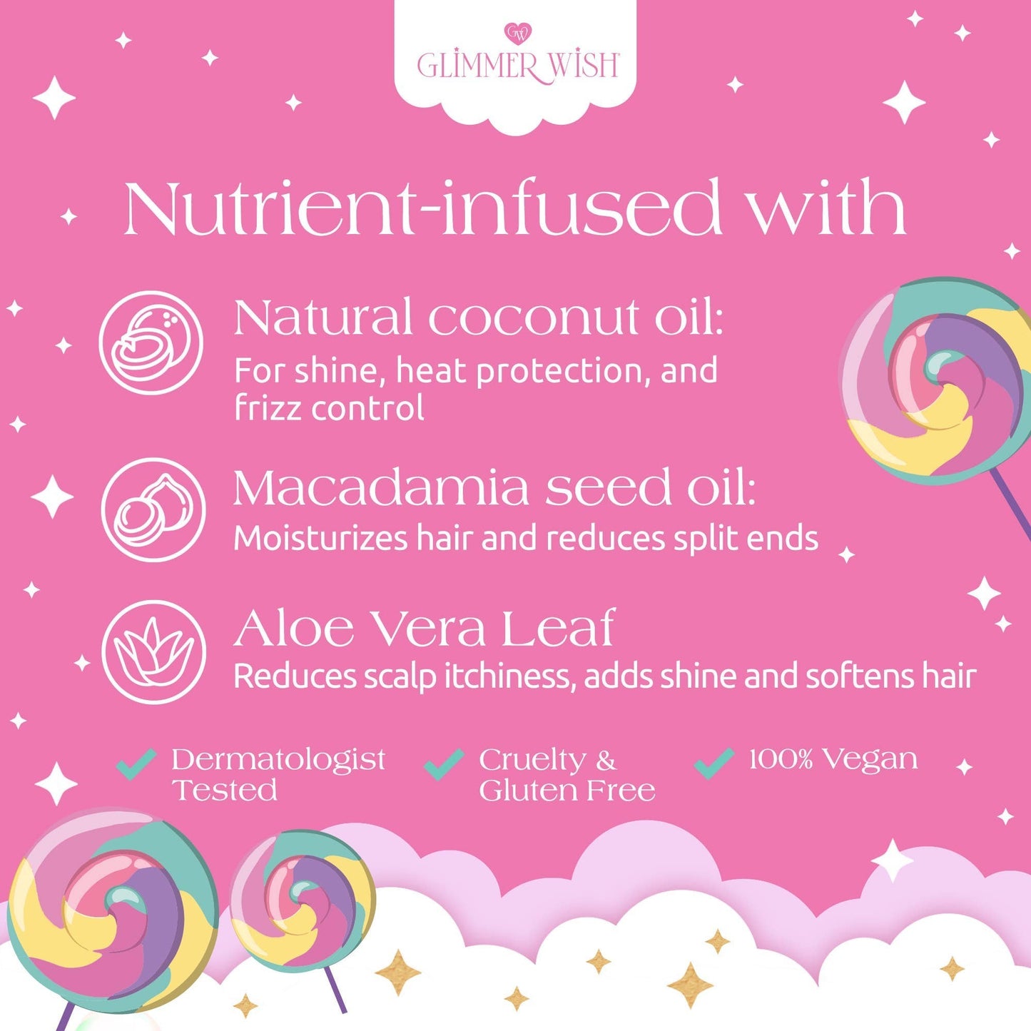 Doodlations Coffee Bar & Boutique Unicorn Hair Detangling Mist with coconut oil, macadamia seed oil, and aloe vera leaf. Vegan and cruelty-free.