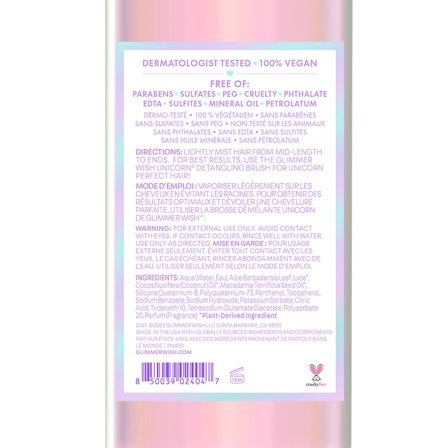 Doodlations Coffee Bar & Boutique Unicorn Hair Detangling Mist spray bottle with pastel rainbow label. Cruelty-free and vegan.