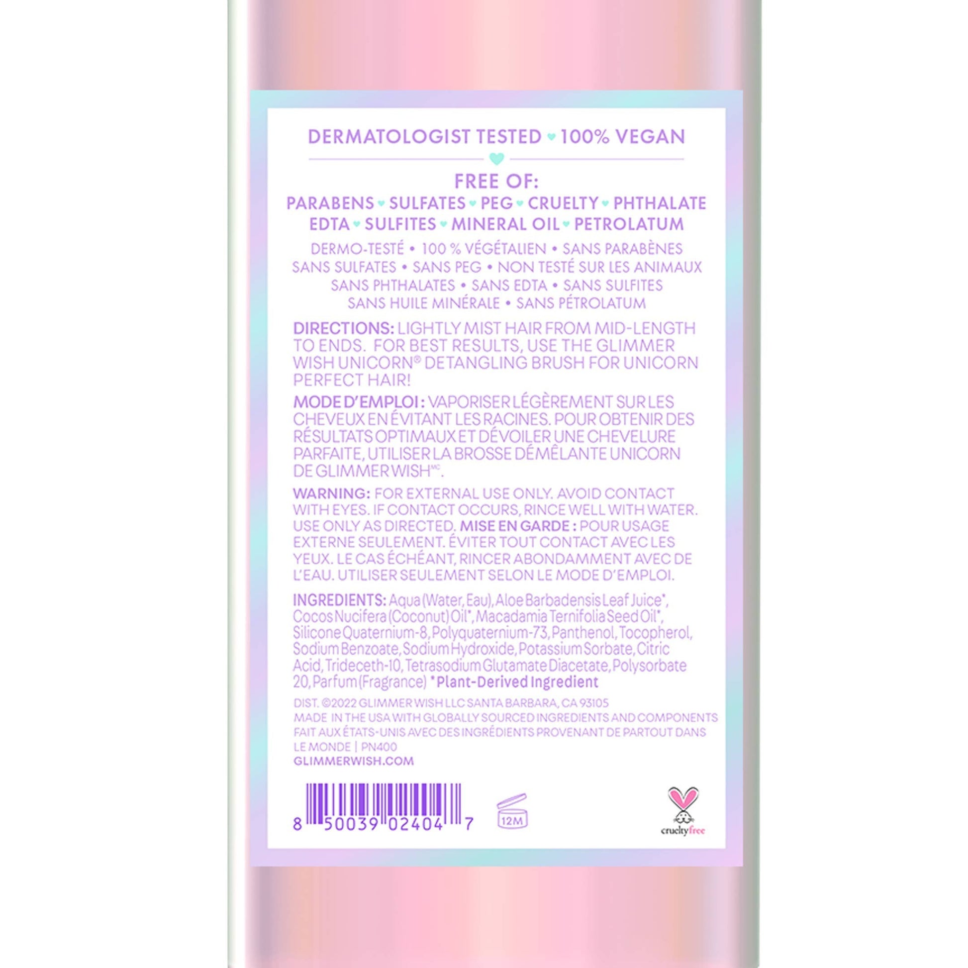 Doodlations Coffee Bar & Boutique Unicorn Hair Detangling Mist spray bottle with pastel rainbow label. Cruelty-free and vegan.
