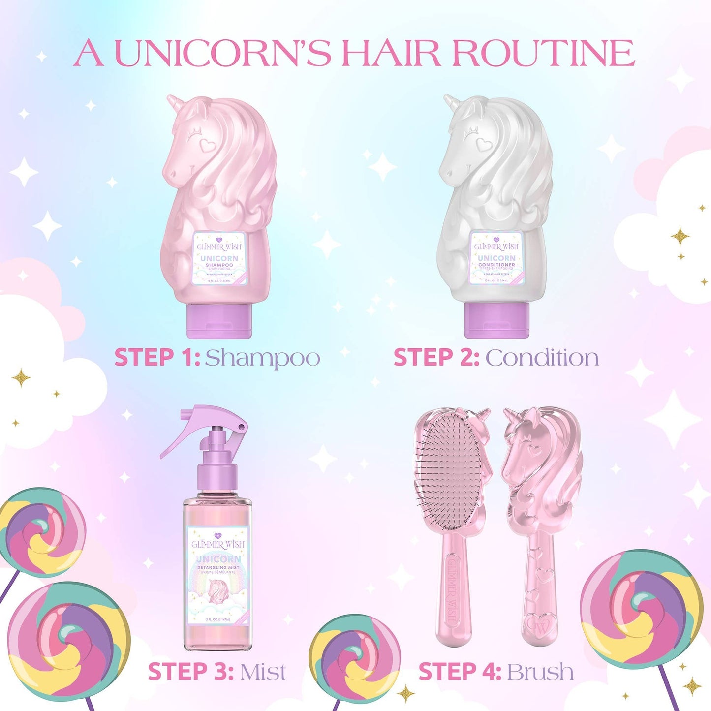 Doodlations Coffee Bar & Boutique Unicorn Detangling Mist spray bottle with pink unicorn shampoo and conditioner bottles, and unicorn hair brushes.