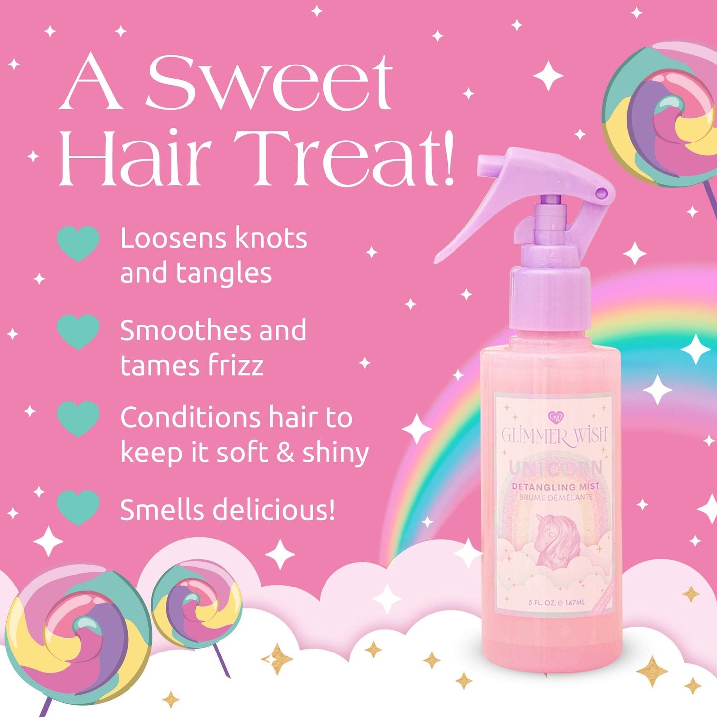 Doodlations Coffee Bar & Boutique Unicorn Detangling Mist spray bottle with a pink hue, featuring a unicorn graphic and text. It promises to loosen knots, smooth frizz, and condition hair.
