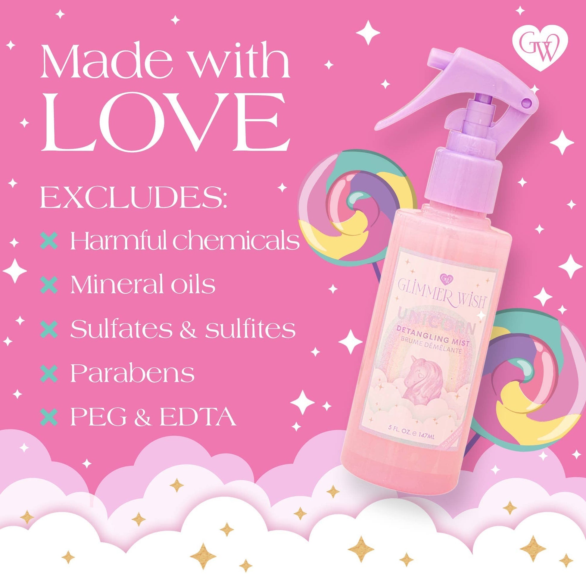 Doodlations Coffee Bar & Boutique Unicorn Detangling Mist spray bottle with pink liquid, unicorn graphic, and pastel swirls. Made with love, excludes harmful chemicals.