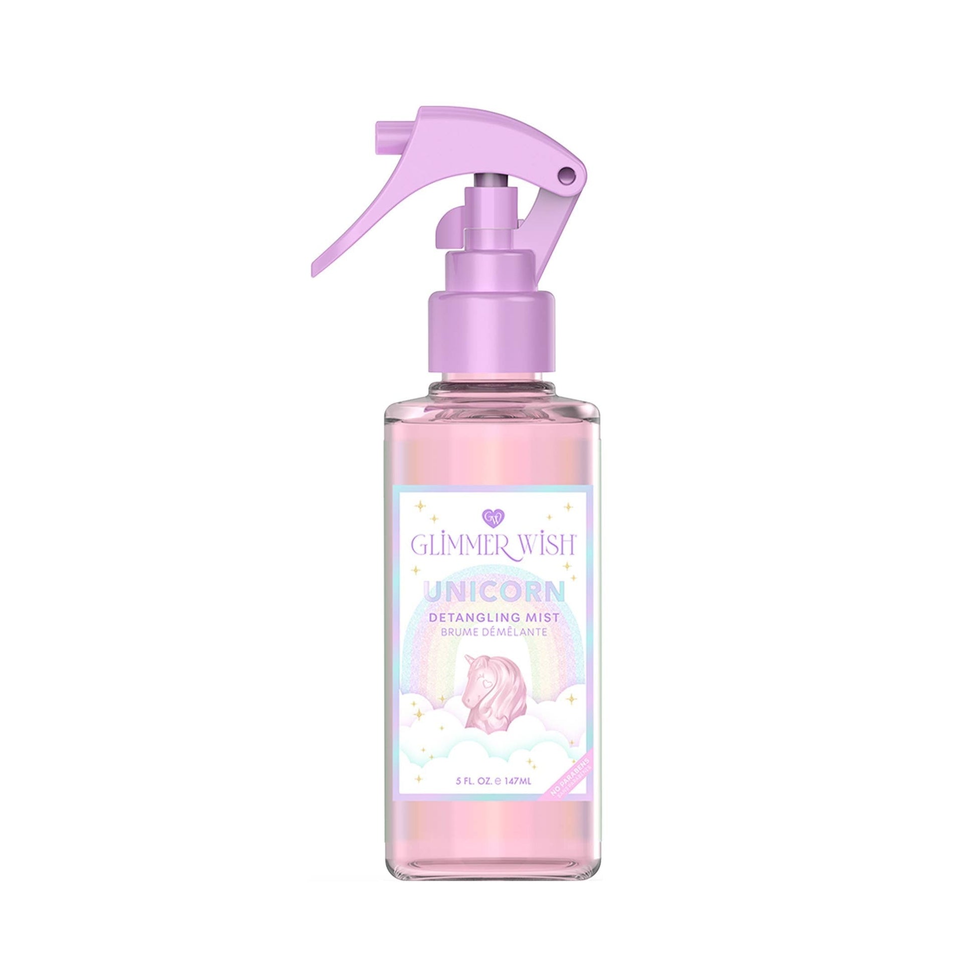 Doodlations Coffee Bar & Boutique Unicorn Detangling Mist spray bottle with pink liquid and a pastel rainbow unicorn graphic.