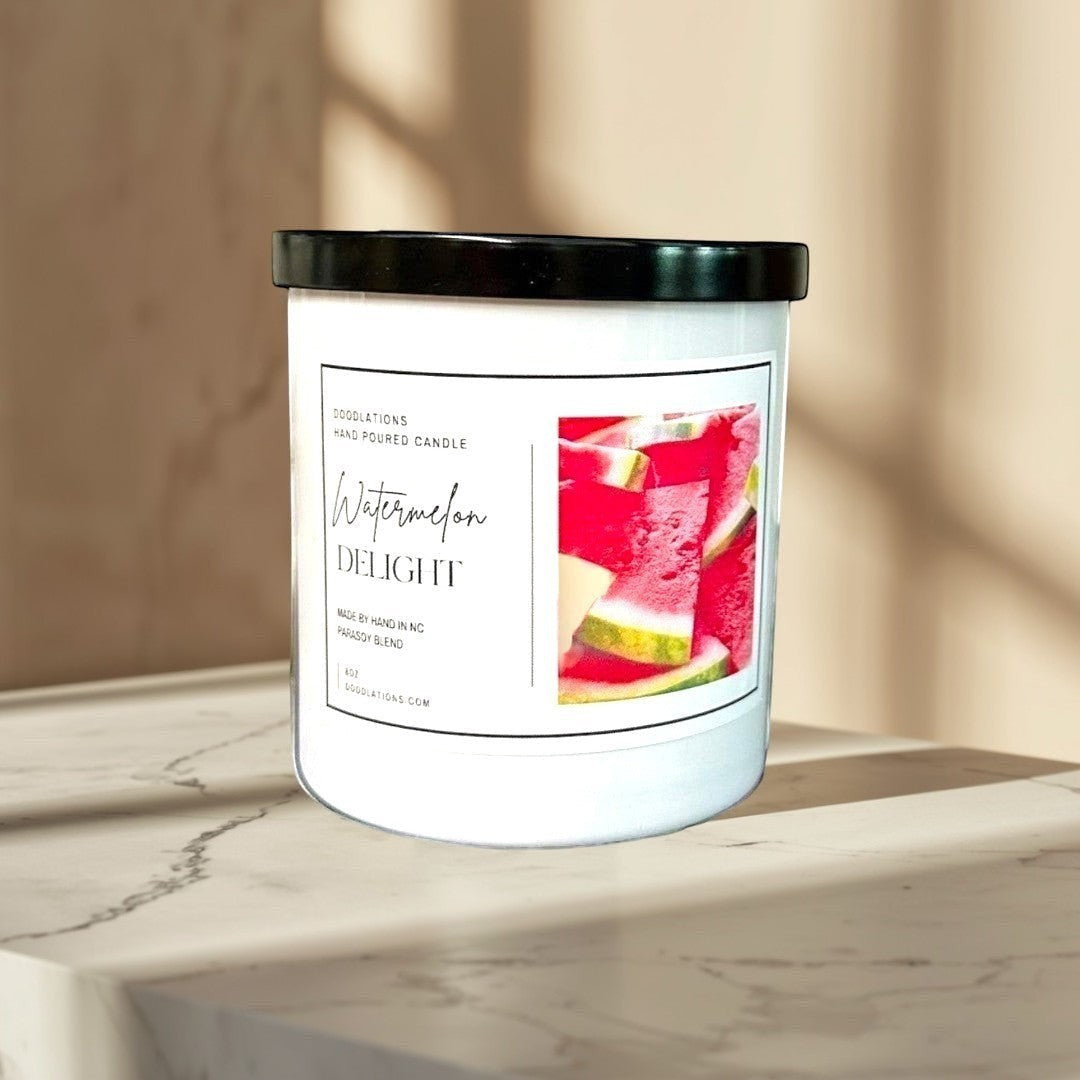 Doodlations Watermelon Delight hand-poured soy blend candle with a fresh, juicy watermelon scent.