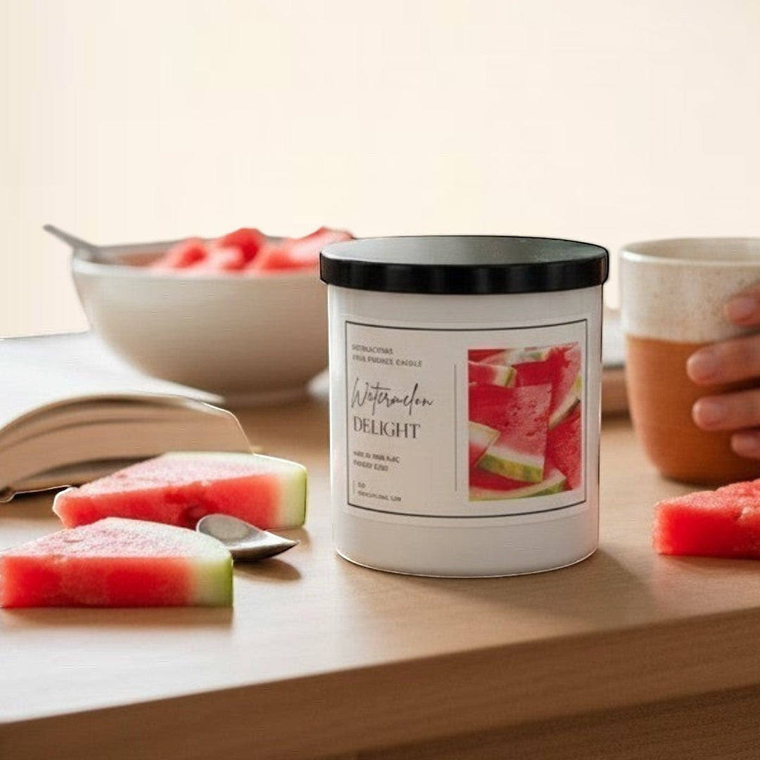 Doodlations Coffee Bar & Boutique Watermelon Delight candle with a fruity summer blend scent, surrounded by fresh watermelon slices.