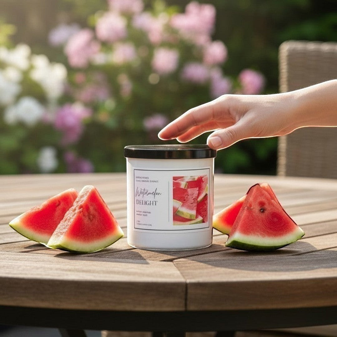 Doodlations Coffee Bar & Boutique Watermelon Delight candle with slices of watermelon on a wooden table outdoors.