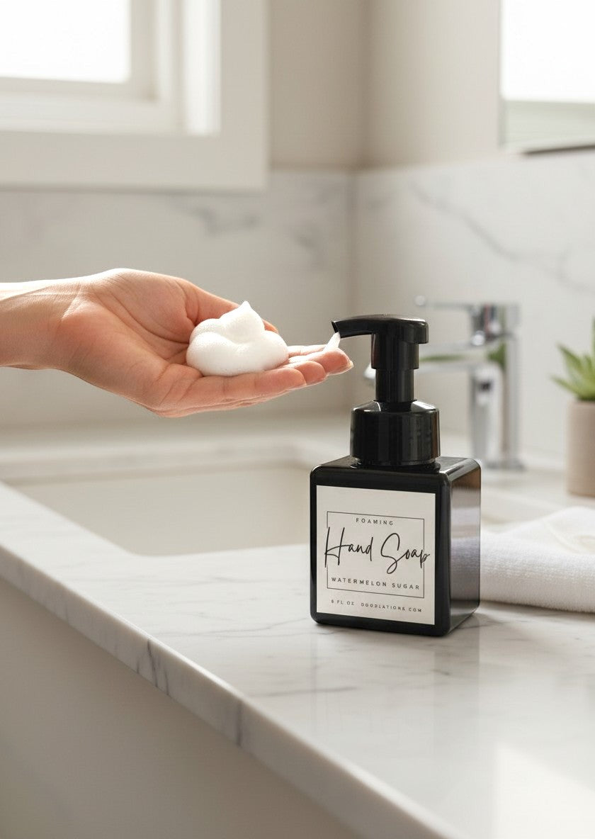 Doodlations Watermelon Sugar foaming hand soap in a black square bottle with a black pump dispenser. White label with black text.
