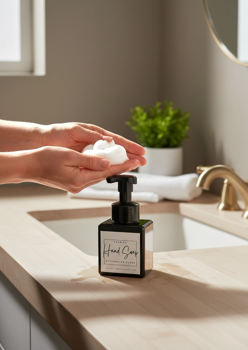 Doodlations Watermelon Sugar foaming hand soap in a black square bottle with a black pump dispenser. White label with black text.