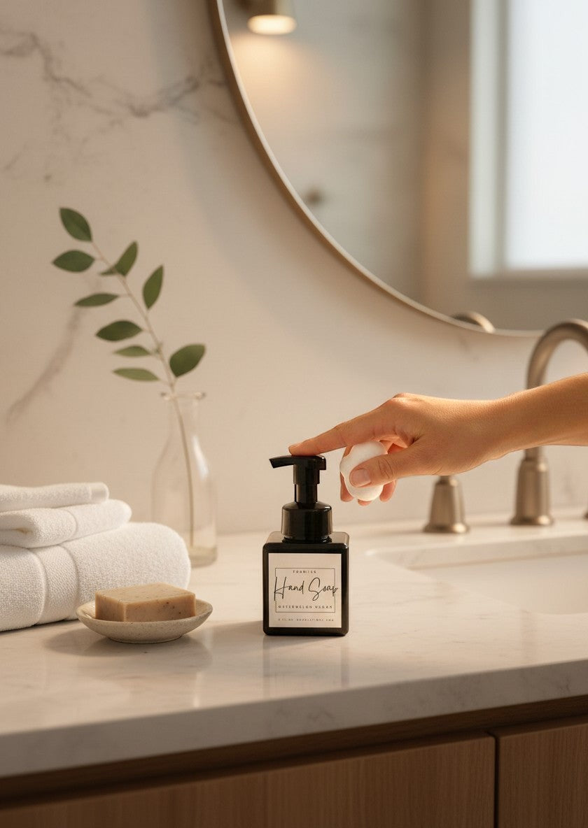 Doodlations Watermelon Sugar foaming hand soap in a black square bottle with a white label.