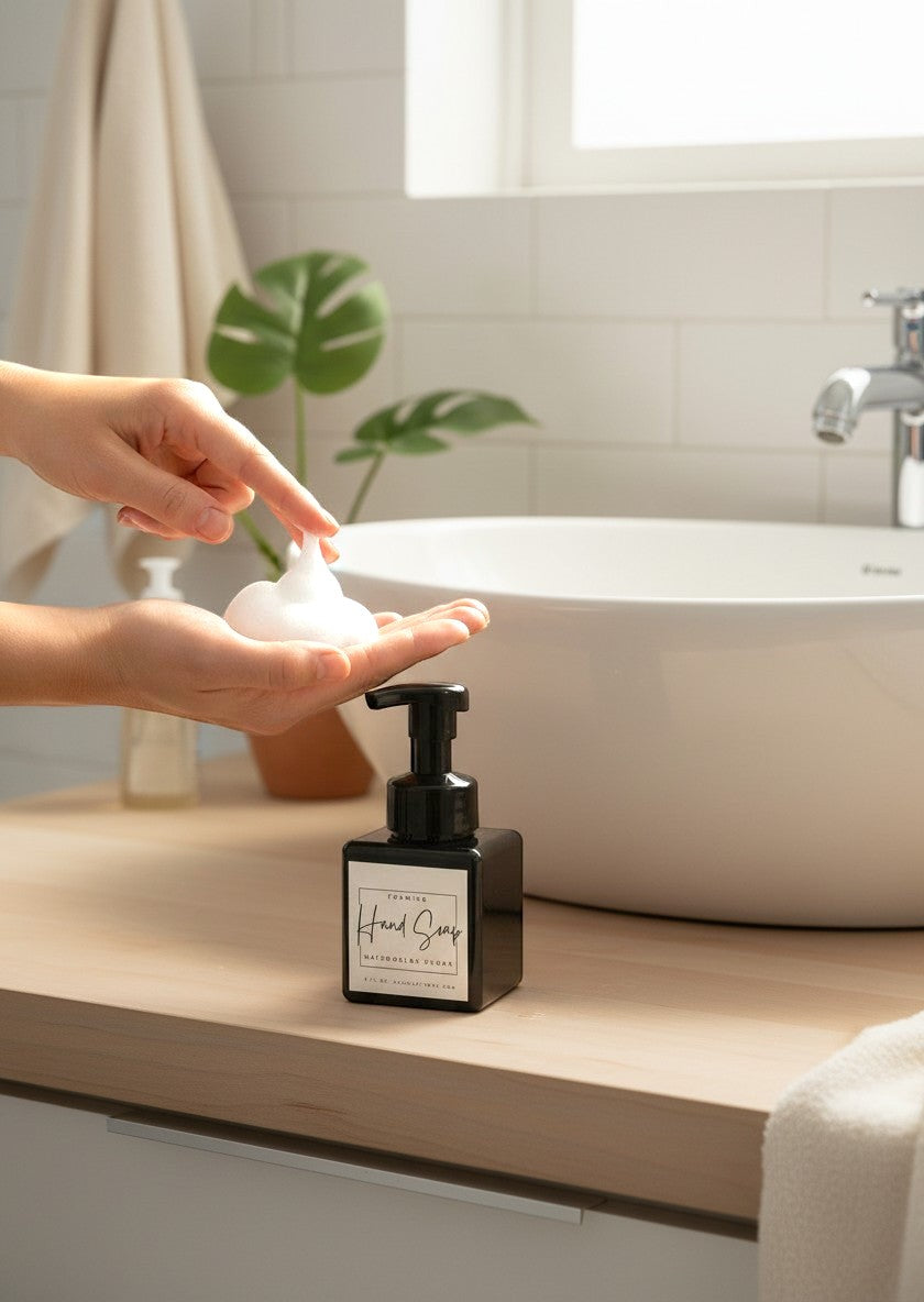 Doodlations Watermelon Sugar foaming hand soap in a black square bottle with a white label.