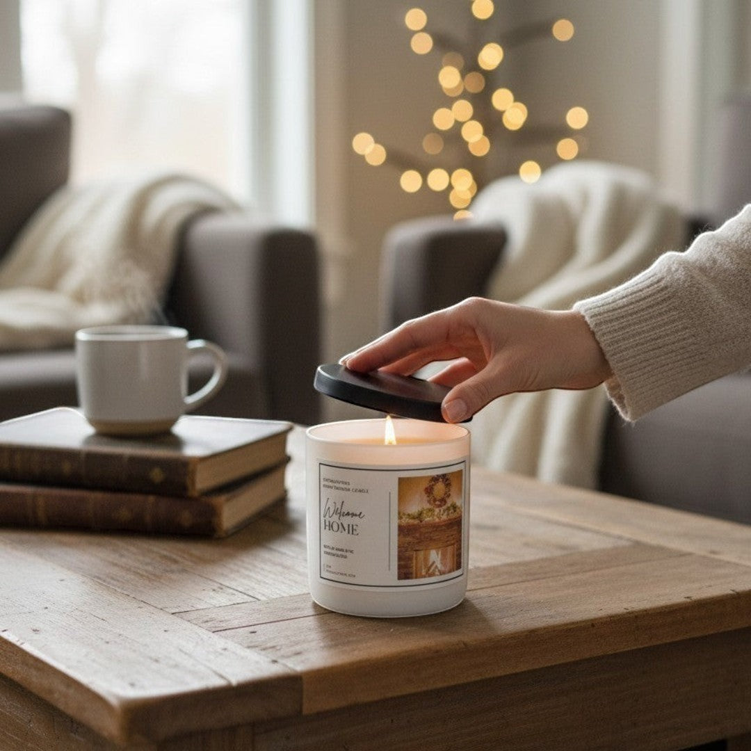Doodlations Welcome Home 8oz candle with cinnamon, clove, orange, and vanilla scent. Features a cozy fireplace image.