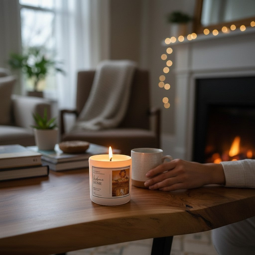 Doodlations Coffee Bar & Boutique Welcome Home candle with cinnamon, clove, and orange scent, in a white jar with a black lid.