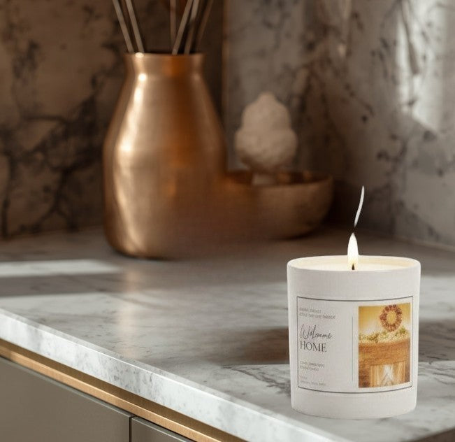 Doodlations Coffee Bar & Boutique Welcome Home candle with a lit wick and smoke rising. Scented with cinnamon, clove, orange, and vanilla.