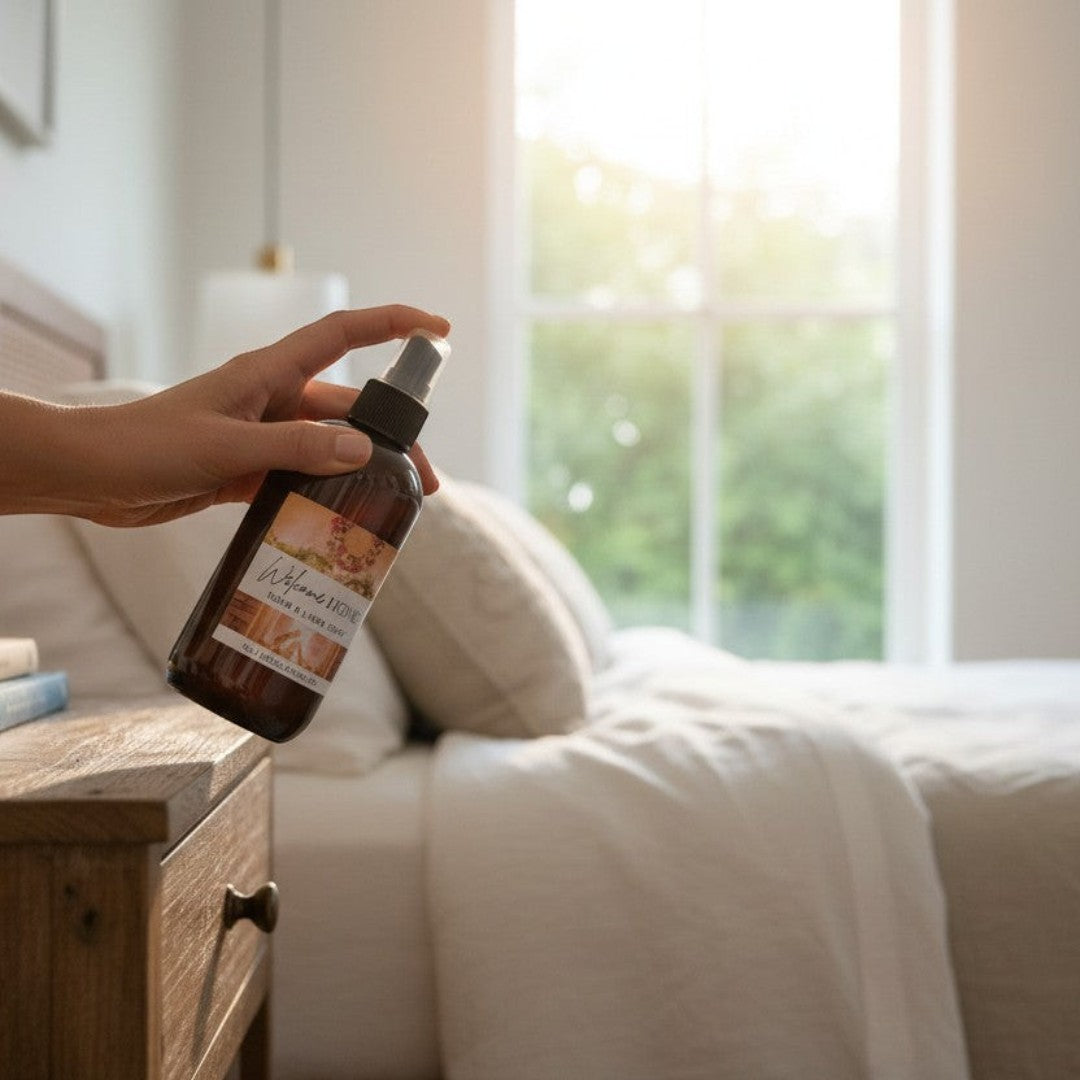 Doodlations Coffee Bar & Boutique Welcome Home Room & Linen Spray with cinnamon, clove, orange, and vanilla scent.